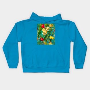 Vibrant tropical floral leaves and fruits floral illustration, botanical pattern, Aqua turquoise fruit pattern over a Kids Hoodie
